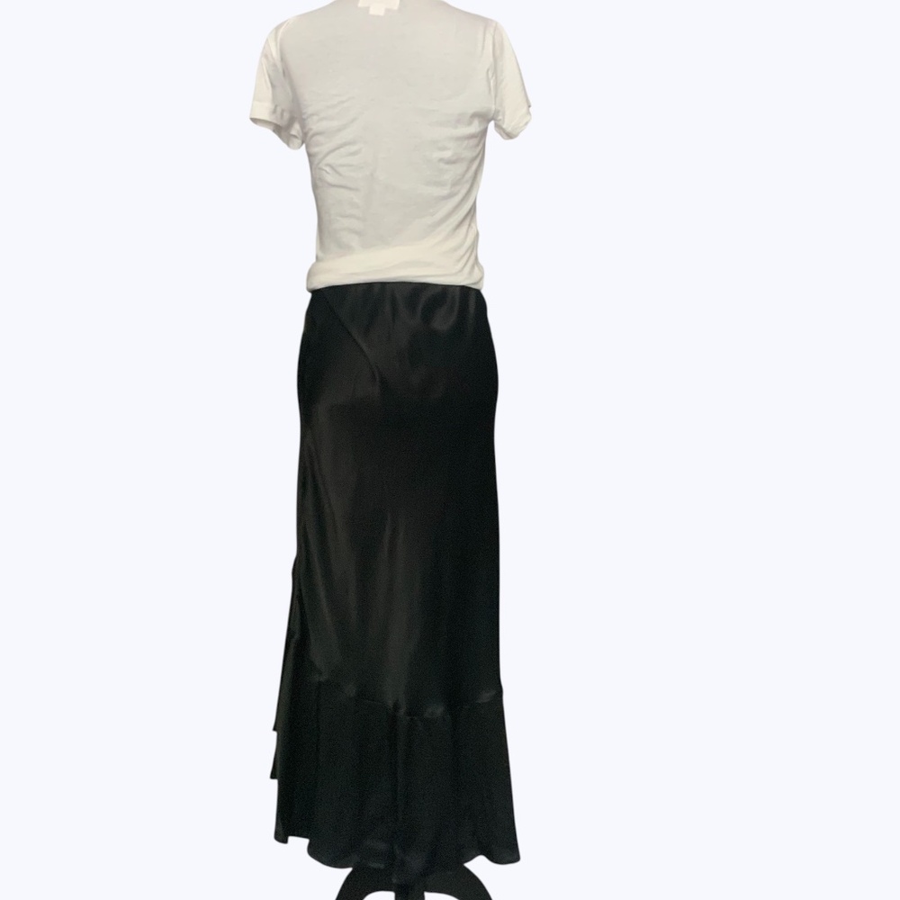 Anthropologie NWOT Asymmetrical Black Satin Flounce Ruffle Slip Midi Skirt SZ S - Picture 5 of 11